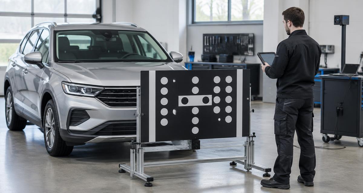 SUV undergoing windshield safety camera calibration in a workshop