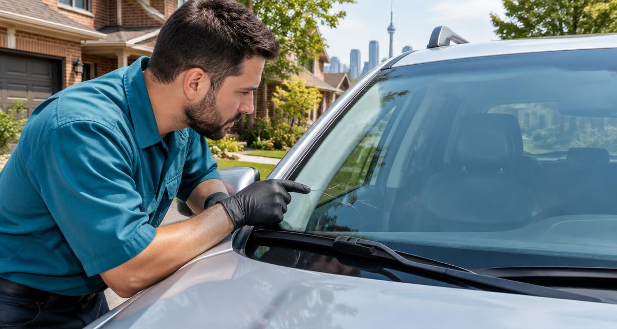 Technician inspecting windshield damage on a Toronto driveway