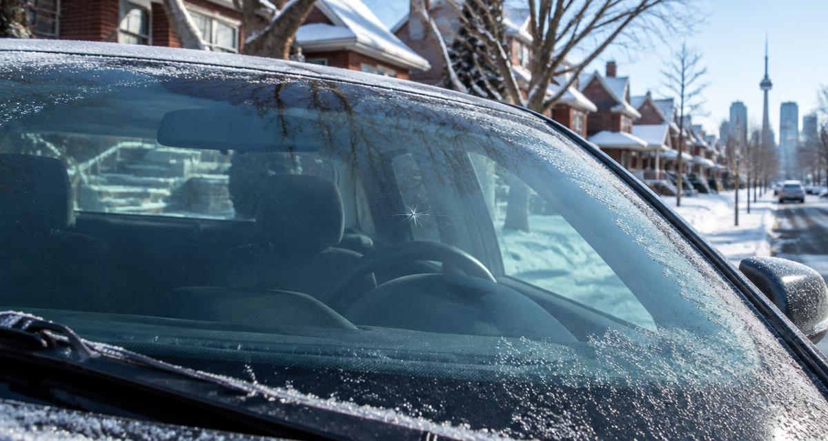 Chipped windshield with frost on a Toronto winter morning